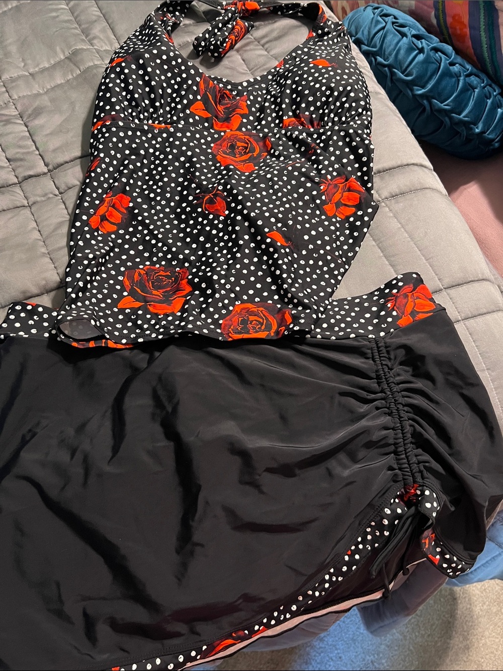Black Polka Dot & Red Rose Halter One-Piece Swimsuit